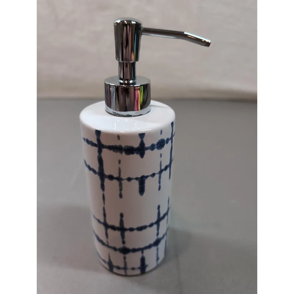 DKNY 3 Piece Ceramic Bath Set Blue Grid Soap Dispenser Toothbrush Holder Dish